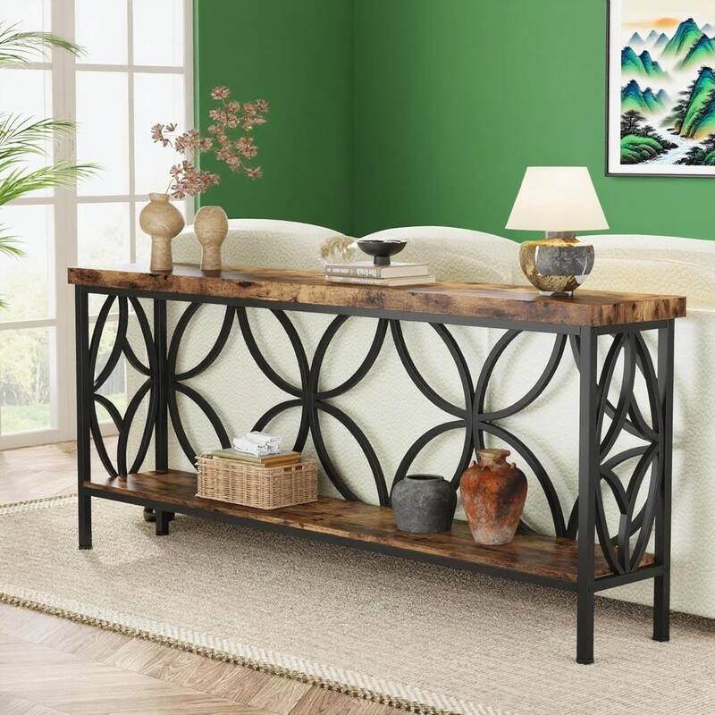 70.9” Industrial Console Table with 2-Tier Shelves Behind Sofa or Entryway Table with Metal Frame & Adjustable Feet