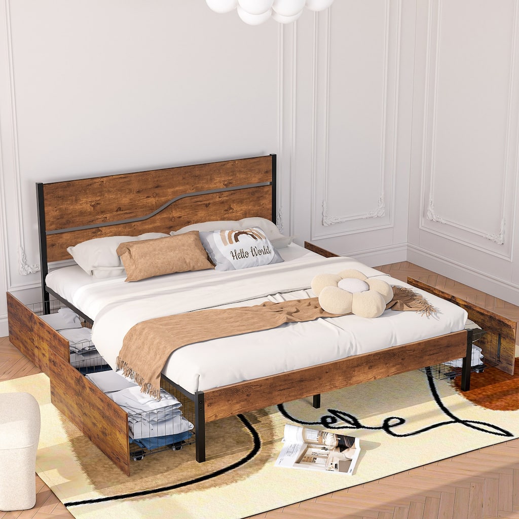 VECELO Upholstered Platform Bed Frame with 4 Storage Drawers, Full/Queen Size