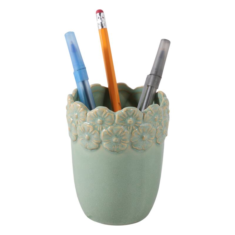 Ceramic Decorative Storage Container Ornate Embossed Floral Rim - 3.25" x 3.25" x 4.25"
