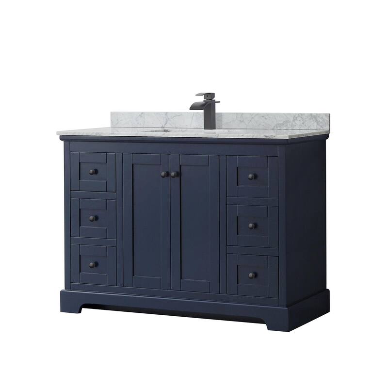 Wyndham Collection Avery 48" Free Standing Single Basin Vanity Set - Dark Blue / White Carrara Marble Top / Matte Black - Painted