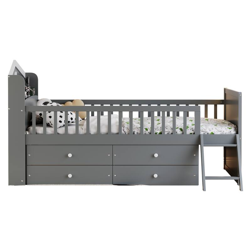 Twin Size Wooden Bed Frame with Storage Drawers, Guardrail, and Ladder for Kids, Easy Assembly, Gray