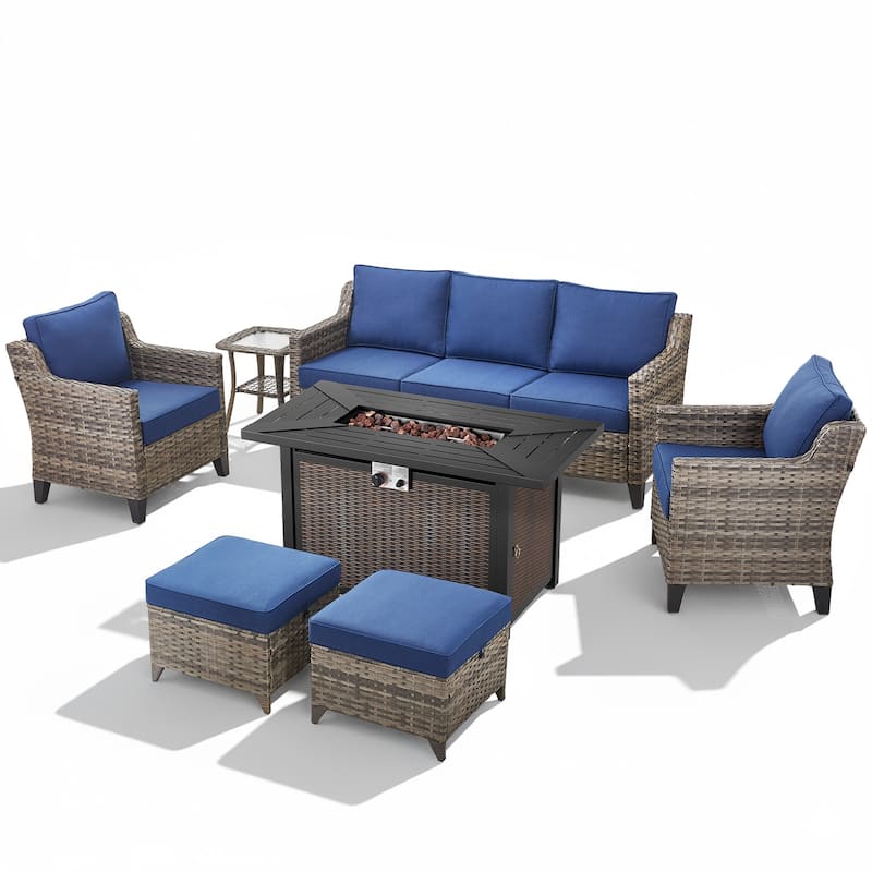 Glissia 7-Piece Gray Wicker Fire Pit Conversation Set with Wicker fire pit