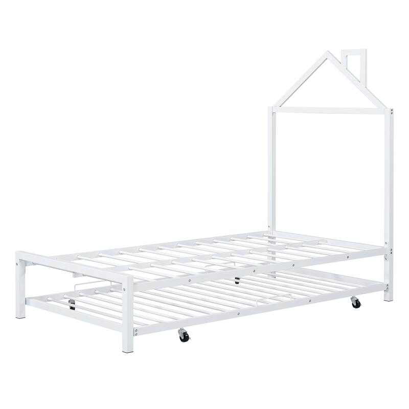 Metal Platform Bed with Twin Size Trundle,House-Shaped Headboard
