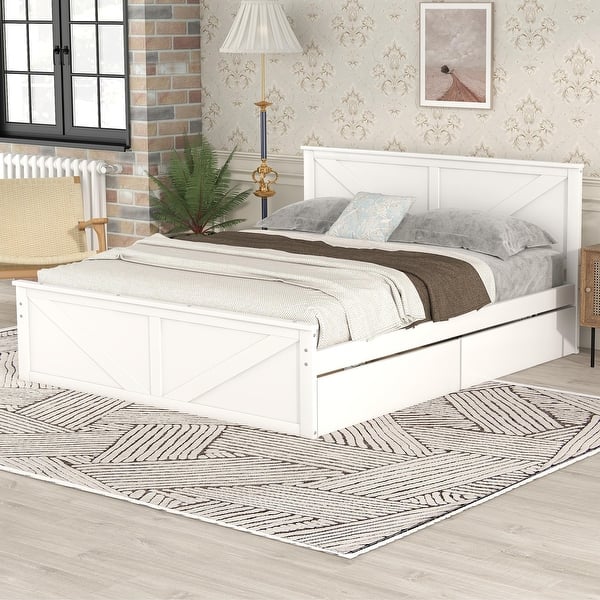 slide 2 of 7, Queen Size Wooden Platform Bed with Four Storage Drawers and Support Legs White