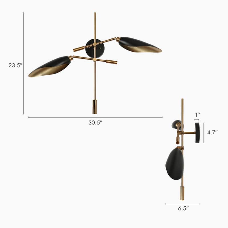 2-Light Modern Black Gold Wall Sconces Metal Bathroom Vanity Lights - 30.5" L x 6.5" W x 23.5" H