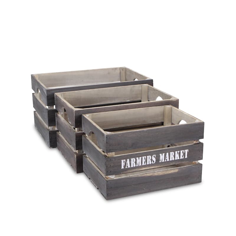 Brown Wood Farmers Market Labeled Crates (Set of 3)