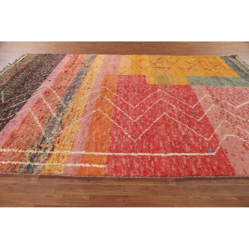 Plush Moroccan Oriental Area Rug Hand-Knotted Geometric Wool Carpet - 9'1" x 12'9"