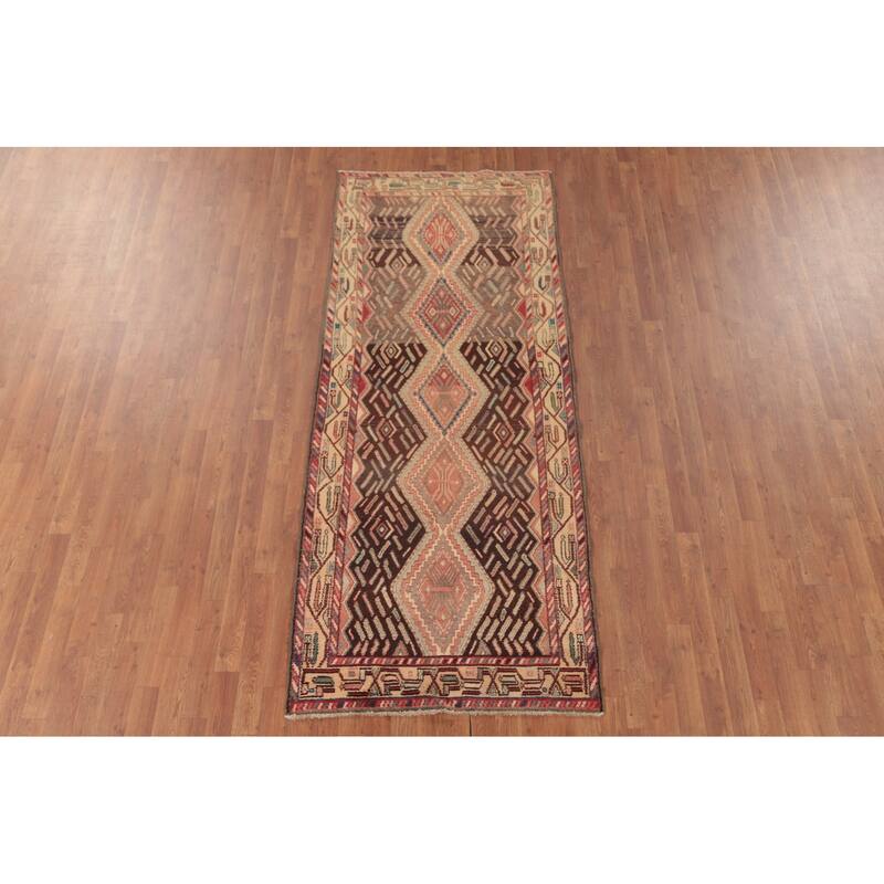 Hamedan Persian Vintage Runner Rug Handmade Brown Wool Carpet - 3'5"x 8'4"