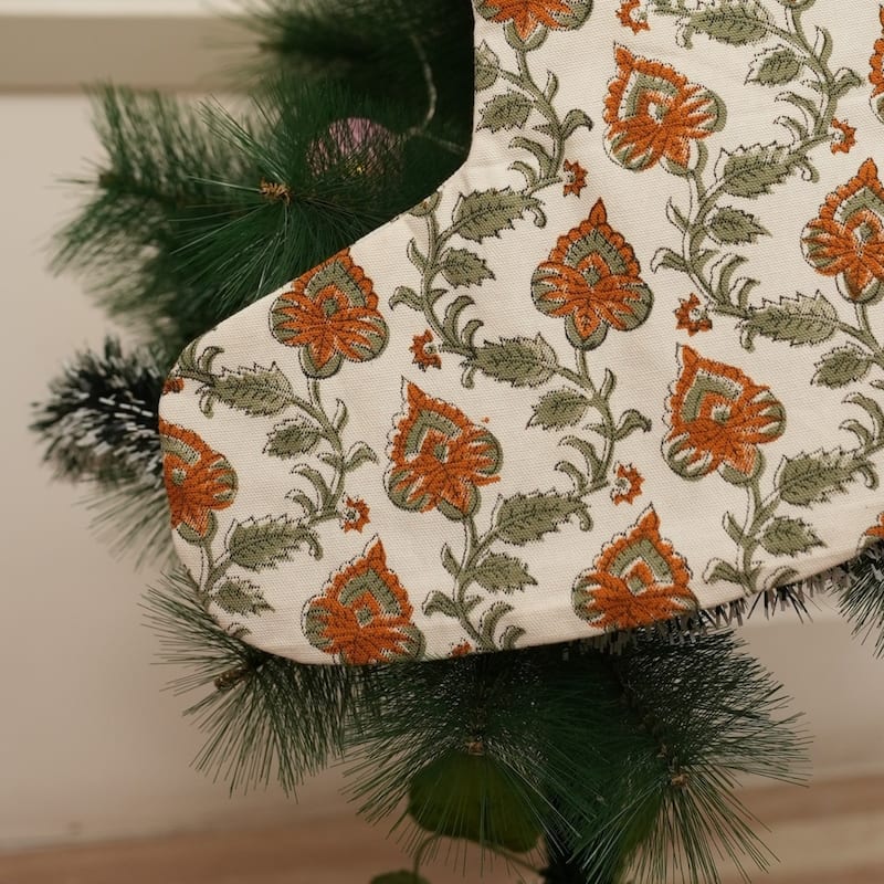 Fabdivine Hand Block Floral Print Christmas Knit Stockings, Home Decorative Gift Use - 16"X6.5" - Madhubala- Orange, Green - Christmas Stockings