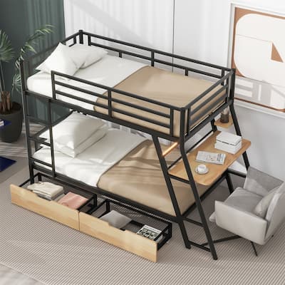 Merax Metal Bunk Bed with Built-in Desk, Light and 2 Drawers
