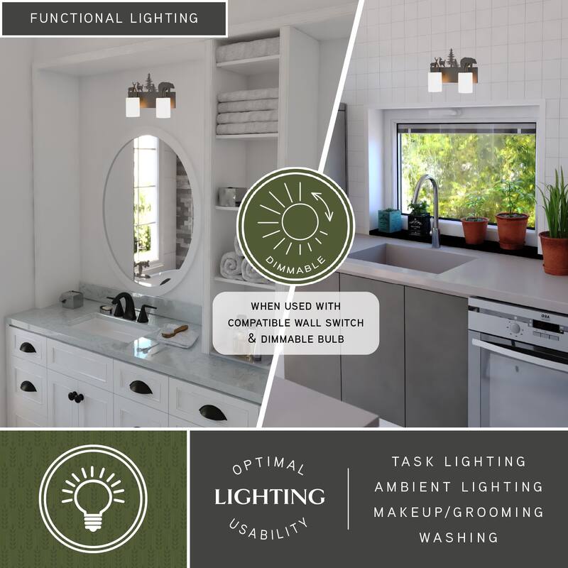 VAXCEL Acadia Bronze Rustic Wildlife Bathroom Vanity Lighting Wall Fixture with Nightlight, Frosted White Glass Shade