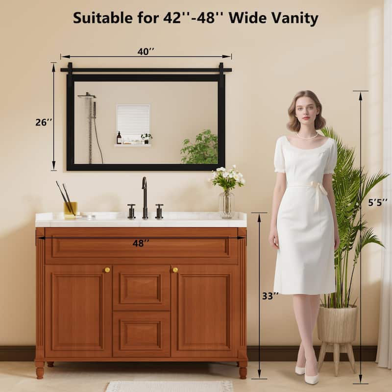 Farmhouse Rectangular Wood Frame Wall Mirror, Rustic Barn Door Bathroom Vanity Mirror