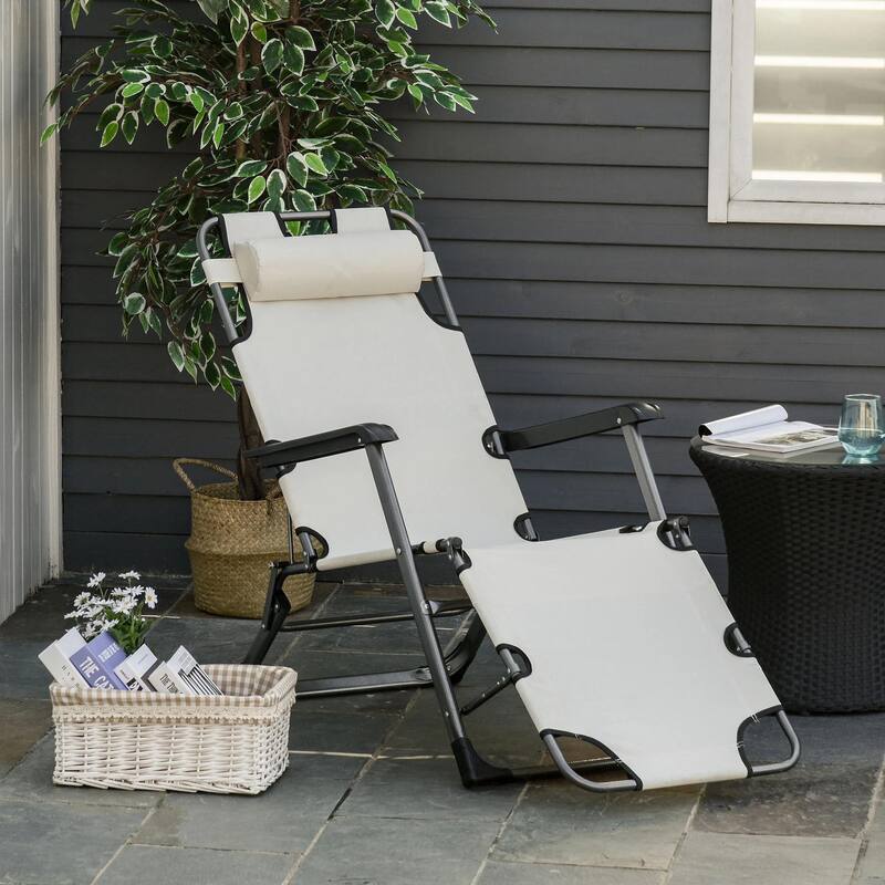 Folding Chaise Lounge Chair,2 in 1 Tanning Recliner,Pillow,Adjustable - Cream White