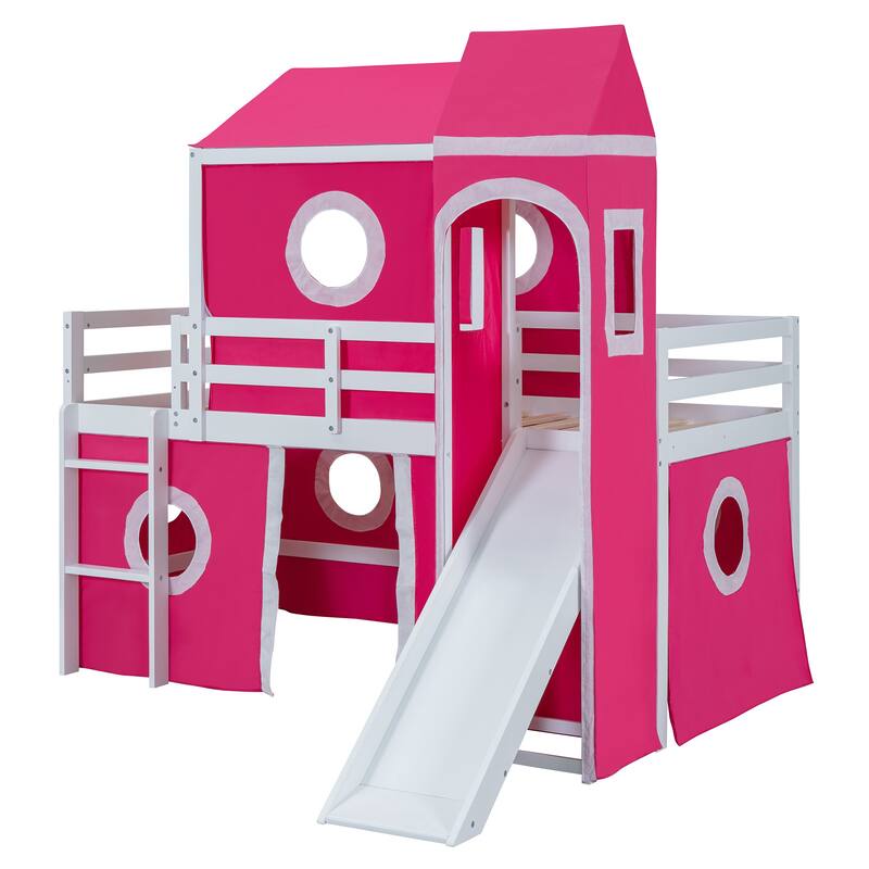 Twin Size Loft House Bed with Slide, Tent, & Tower
