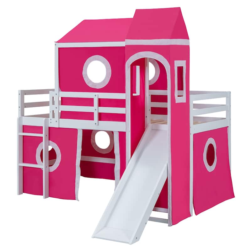 Twin Size Solid Wood Loft House Bed with Slide and Ladder