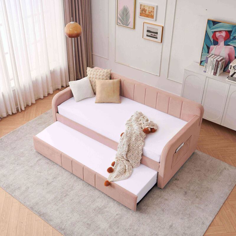Twin Daybed with Trundle, Upholstered Velvet Frame, Space Saving Daybed Bed for Guest Room