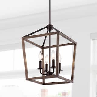 JONATHAN Y Oria Iron Farmhouse Industrial Lantern LED Pendant, Oil Rubbed Bronze/Faux Wood