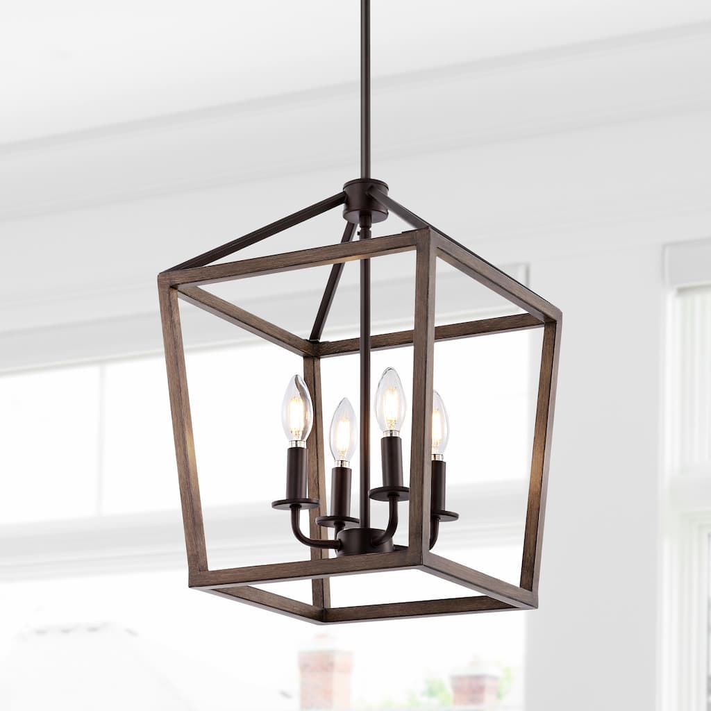 Oria Iron Farmhouse Industrial Lantern LED Pendant, Oil Rubbed Bronze/Faux Wood by JONATHAN Y