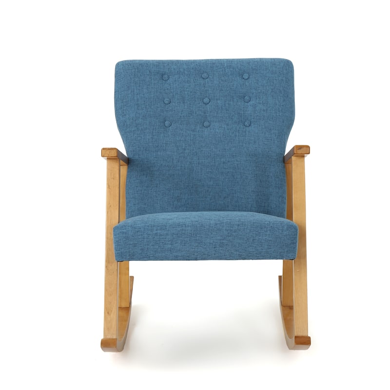 Maze Rocking Chair, Mid-Century Brown Rubberwood, Tufted Blue Fabric