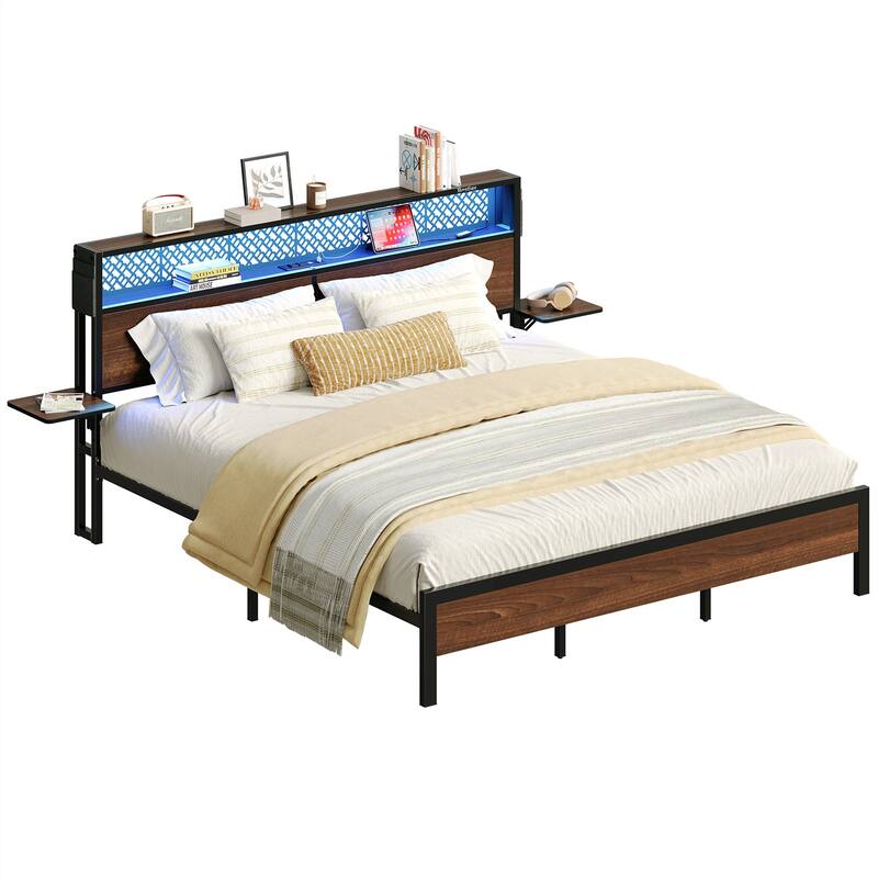 Platform Bed with LED Upholstered Storage Headboard Charge Station Foldable Bedside Shelf