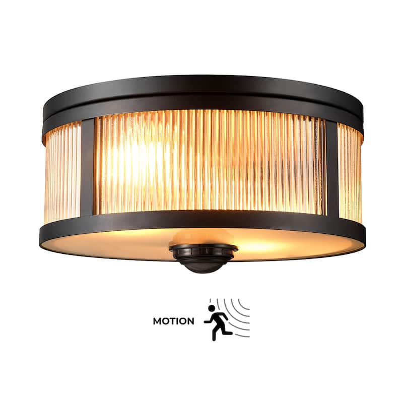 2-Light Matte Black Motion Activated Outdoor Flush Mount Ceiling Light with Ribbed Glass Shade and Frosted Glass Lens - 11"