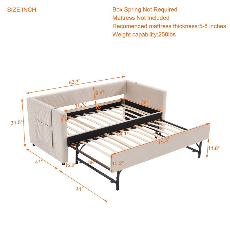 Twin Size Velvet Daybed with Trundle, USB Charging Port & Side Pockets, Modern Upholstered Sofa Bed with V-Pattern Backrest