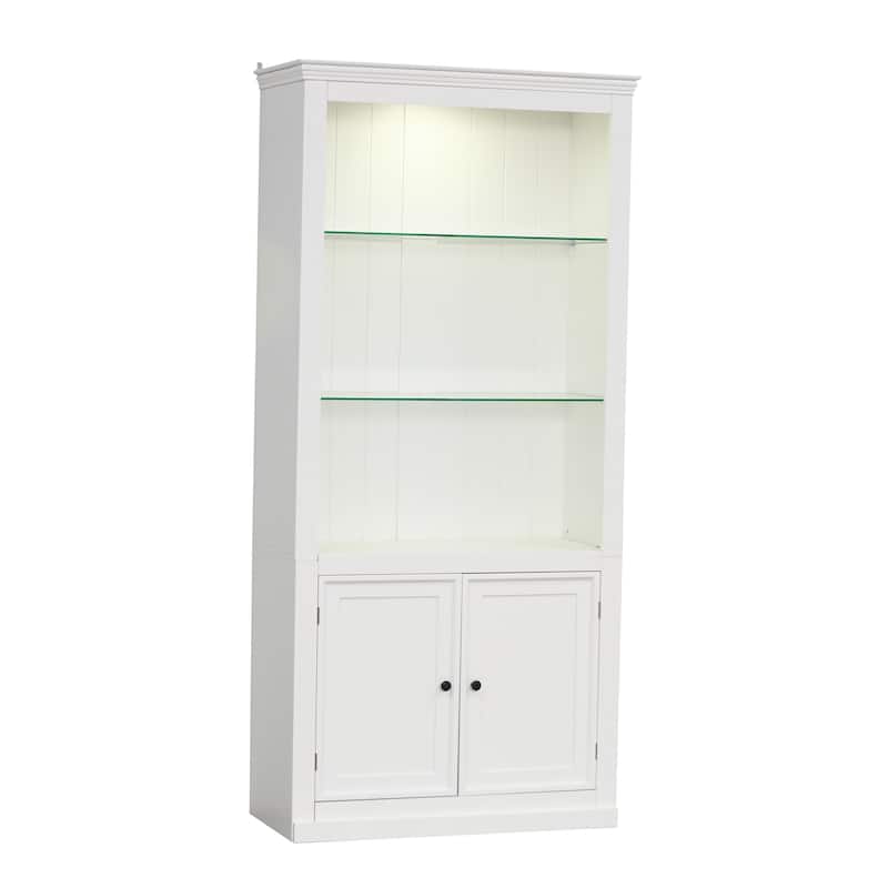 78.75"Tall Display Shelves with 5 Colors Adjustable LED Ceiling Light, Retro-style Bookcases with Tempered Glass Shelves