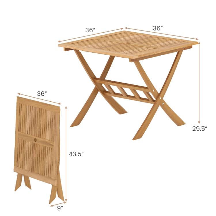 Natural Acacia Wood Square Folding Patio Table with Umbrella Hole - 36" x 36" x 29.5"