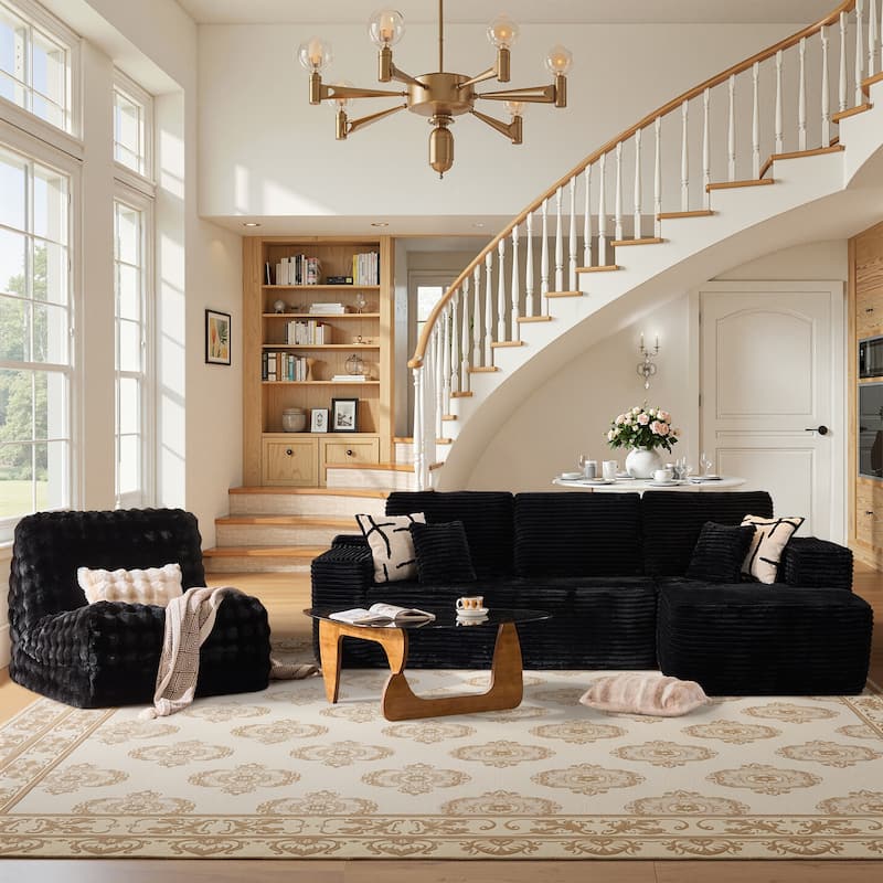 XIZZI Modern Plush Sectional Chaise Couch with Bean Bag Chair - Black - Right Facing