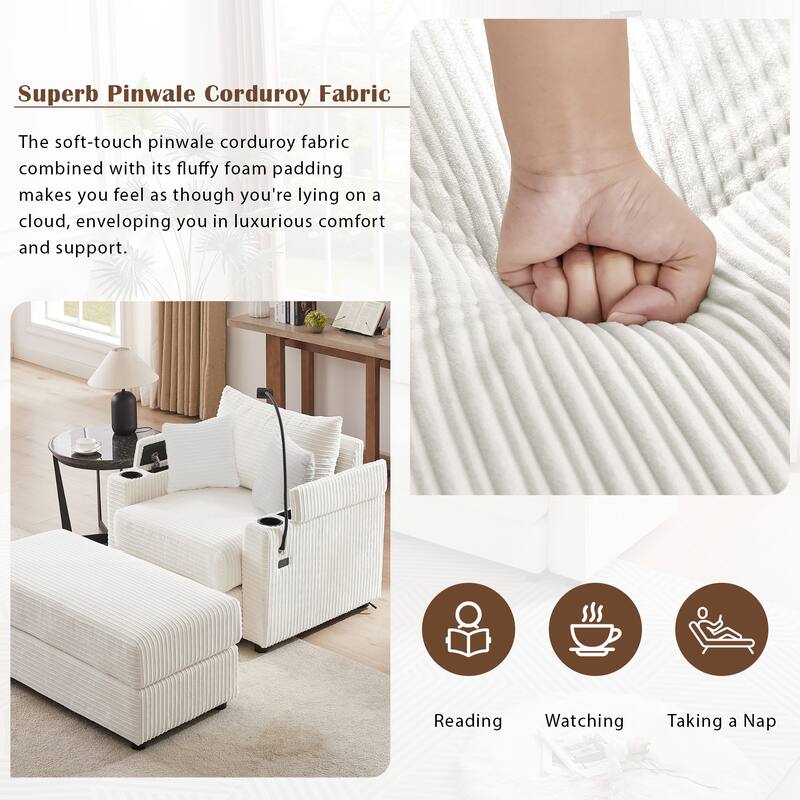 Modern Single Sofa with Movable Ottoman, Hidden Storage, USB Ports, Cup Holders and Phone Holder for Living Room