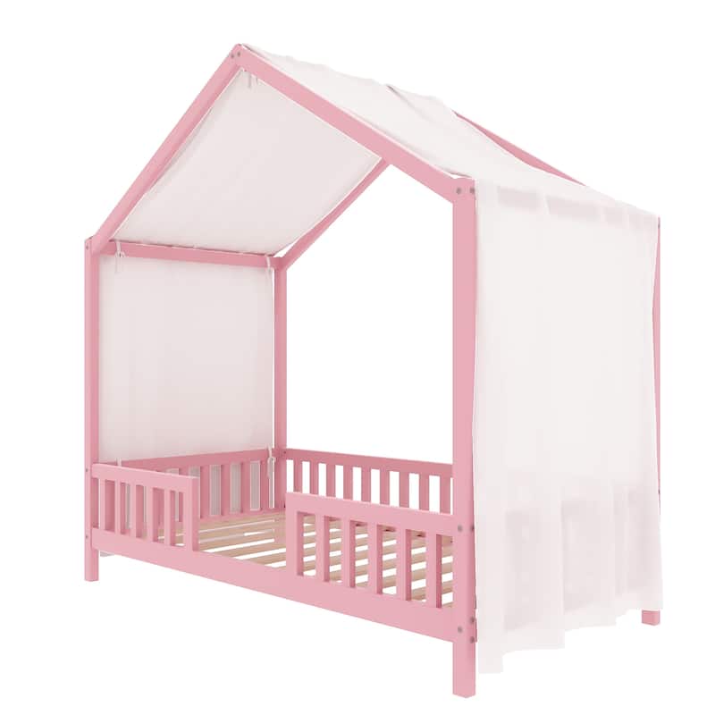 Montessori Toddler Bed Kids House Bed with Airy Canopy, Wood Bed Frame Bed Tent with 4 Full Guardrails, No Box Spring Needed