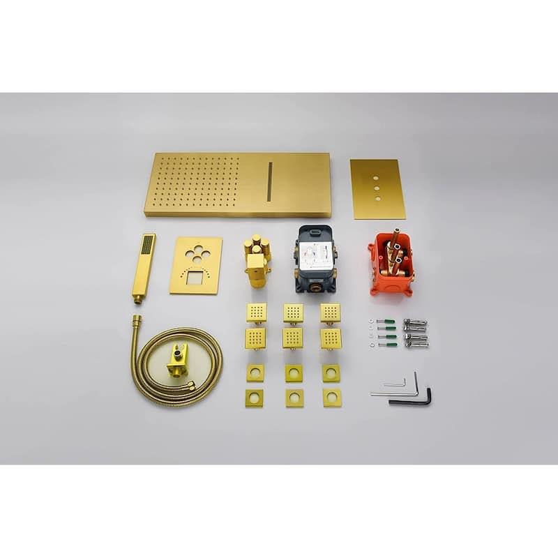 Polished Gold 22" Rainfall Waterfall 4 Way Thermostatic Shower Faucet System w/ Body Jets, Sprayer - Polished Gold