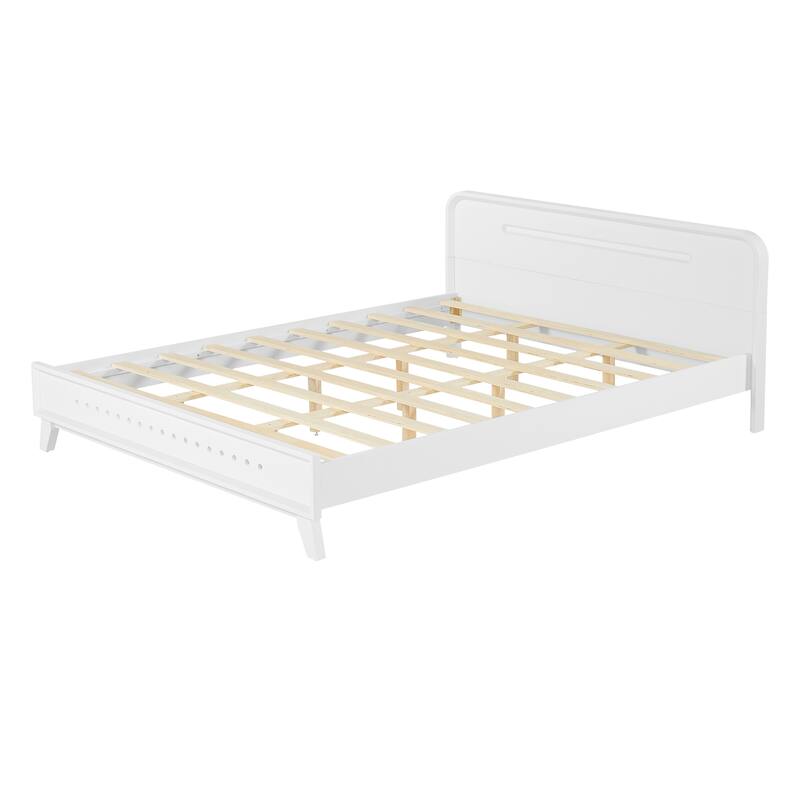 Rustic Pine Wood Bed Frame Low-Profile Platform Bed with Panel Headboard Solid Wood Slat Support and Extra Wide Thickened Legs