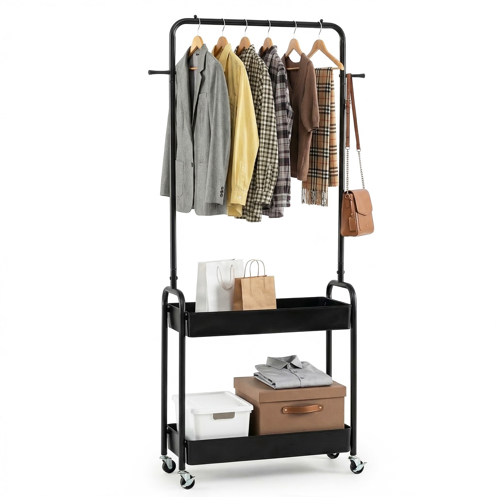 Gymax Rolling Clothes Rack w/Hanging Rod Side Hooks Storage Baskets