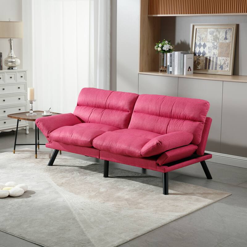 COOLMORE Linen/Microsuede/Teddy Loveseats Convertible Sleeper Sofa with metal feet - Rose Red