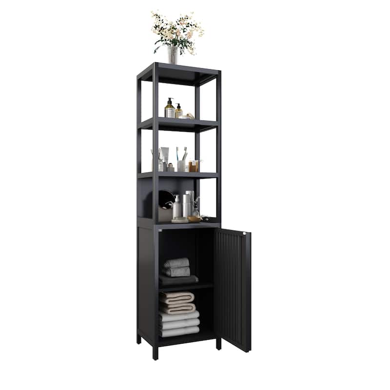 BLACK Storage Tall Slim Cabinet with Shutter Door and 3 Tier Shelves, Freestanding Linen Tower Cabinet for Living Room,