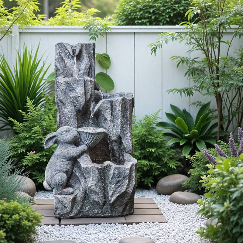 Outdoor Rabbit-Shaped Polyresin Fountain with LED Lights