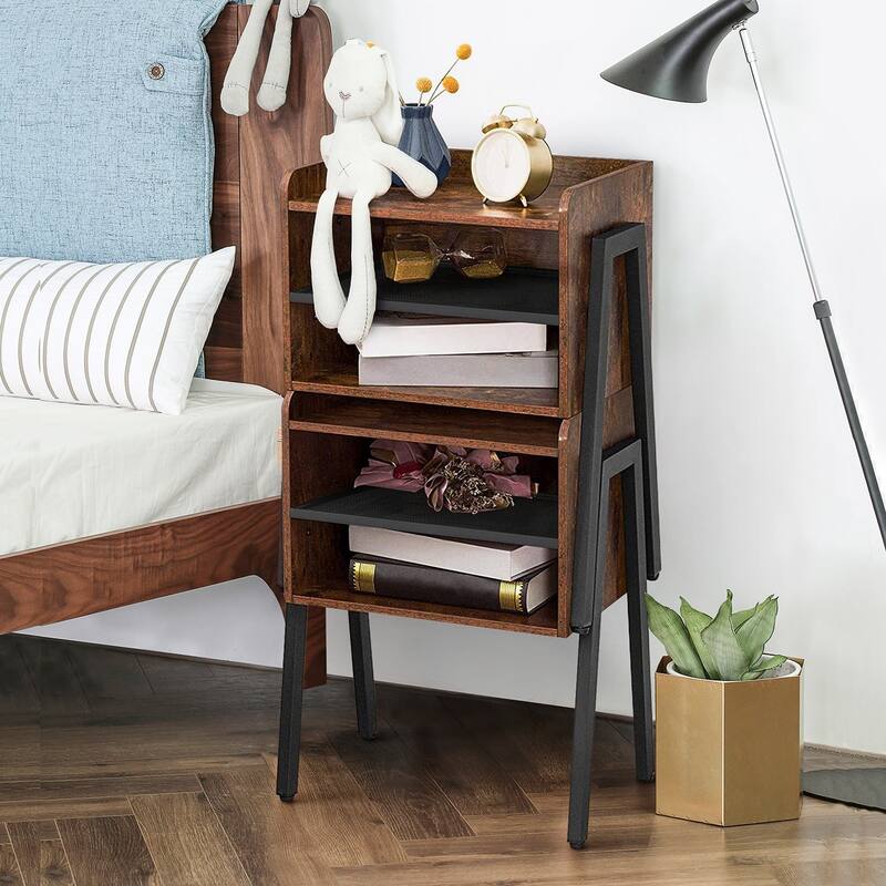 VECELO Gray Mid-Century Modern 3-Tier Stackable Nightstand Set of 1/2 Nightstands with Metal Frame for Bedroom Living Room