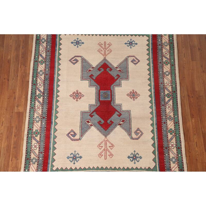 Kazak Area Rug Hand-Knotted Oriental Beige Wool Carpet - 5'0" x 6'10"