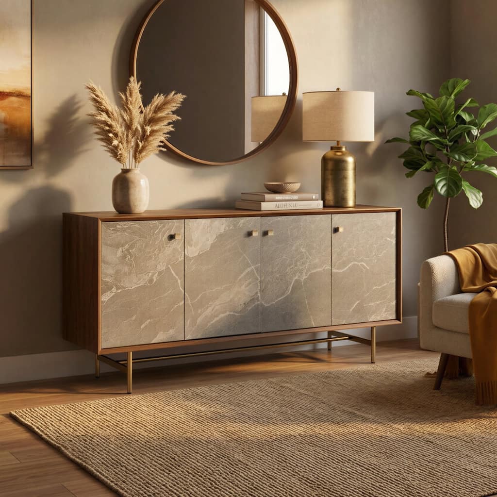 Studio London Celeste Walnut Sideboard with Ceramic Stone Doors Brass Metal Base