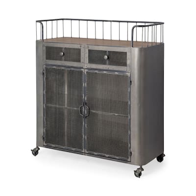 Udo Gray Metal & Brown Wood Top Bar Cart - 16.5L x 35.4W x 40.7H