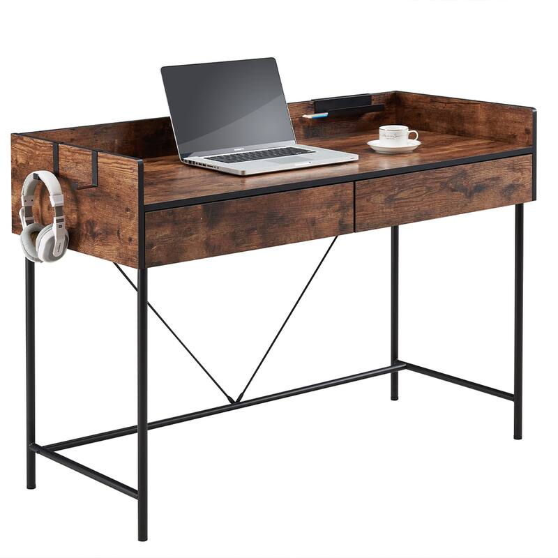 JJS 48" Home Office Computer Laptop Desk with Drawers, Modern Wooden Compact Study Writing Desk with Privacy Panel and Storage