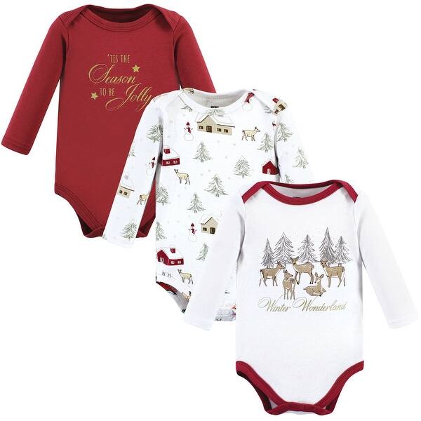 slide 1 of 1, Hudson Baby Infant Girl Cotton Long-Sleeve Bodysuits, Girl Holiday Village 0-3 Months - Girl Holiday Village