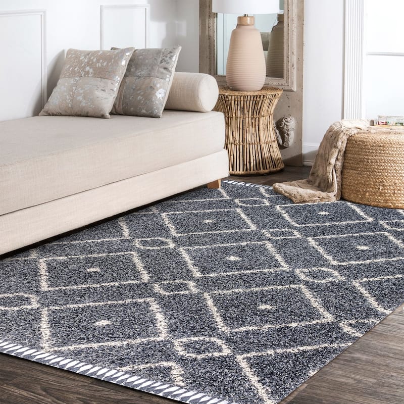 JONATHAN Y Modern Shag Plush Tassel Moroccan Diamond Area Rug