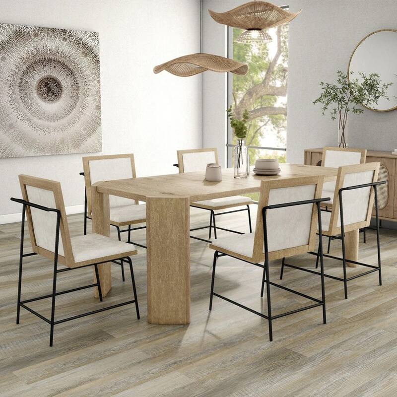 7 Piece Wooden Dining Set with Upholstered Seat in Oak and Beige