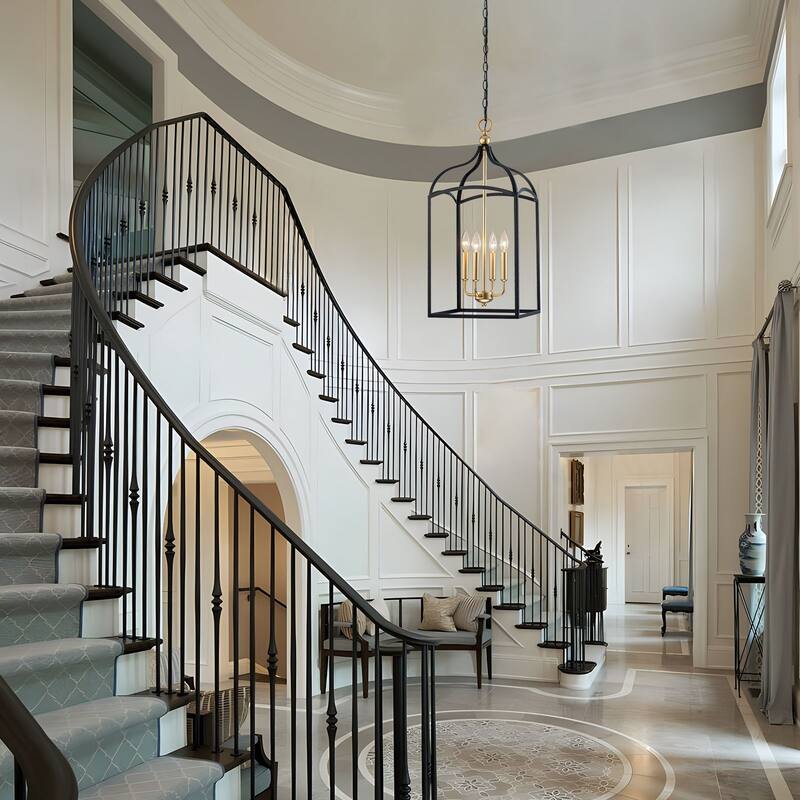 Farmhouse 4-Light Lantern Chandelir for Dining Room Foyer - Black & Gold