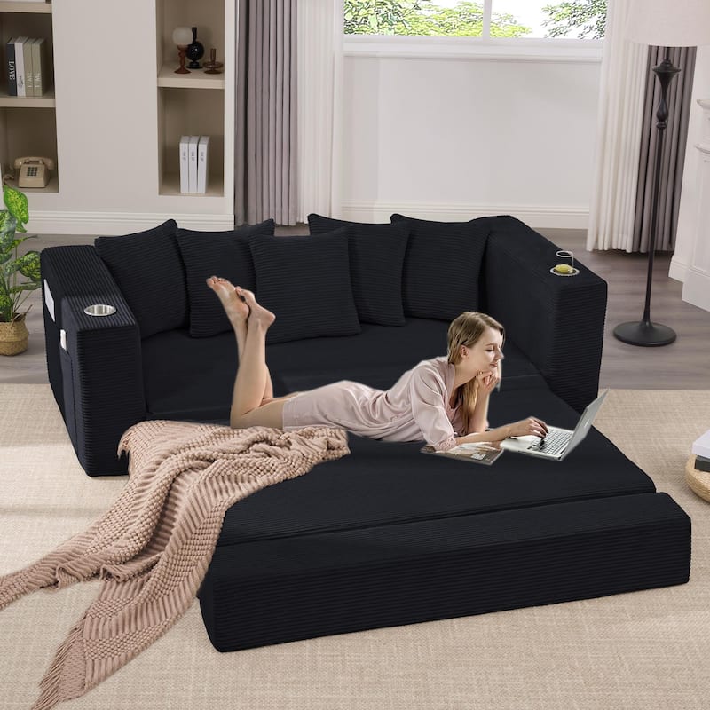 Convertible Corduroy Sleeper Loveseat Sofa Bed 3 Seater Floor Folding Couch with 5 Pillows, Cup Holders and Side Pockets