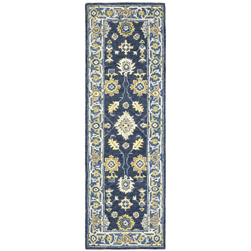Style Haven Ava Hand-tufted Wool Loop-pile Traditional Bordered Area Rug - 2'6" x 8' Runner - Navy/Blue