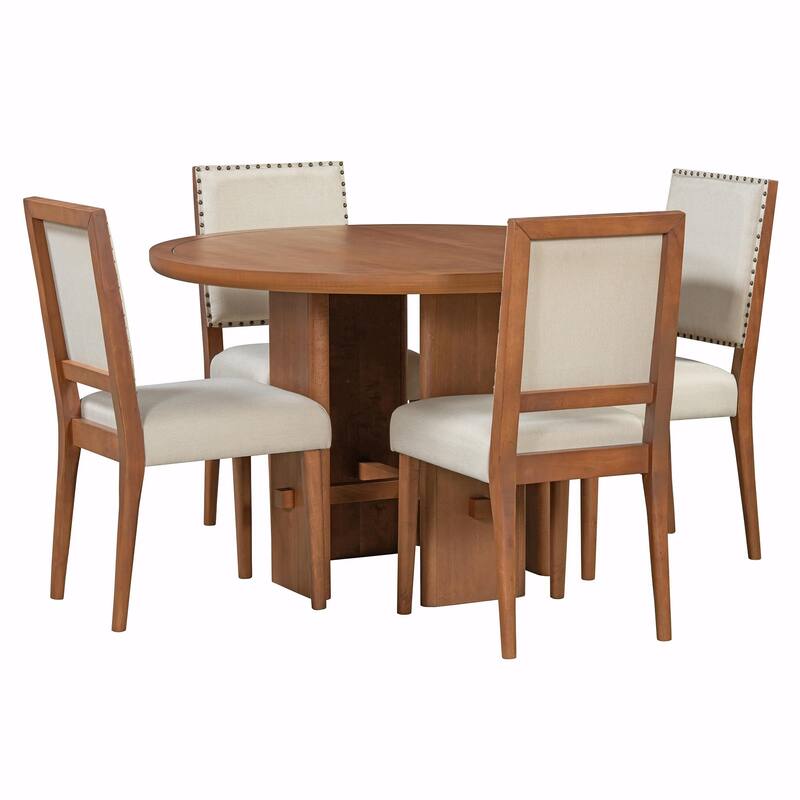 5-Piece Round Dining Table Set for 4 - Minimalist Farmhouse Design with 4 Solid Wood Upholstered Chairs