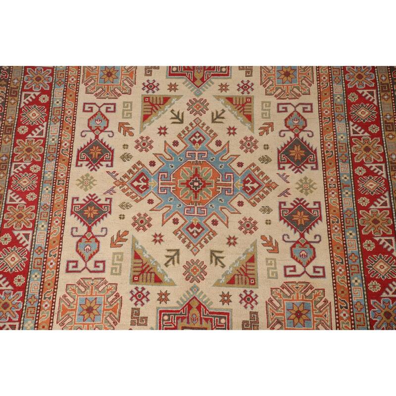 Geometric Kazak Oriental Area Rug Handmade Yellow Wool Carpet - 6'10" x 10'7"
